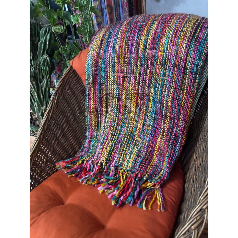 Signals Multicolor Woven Throw Blanket Boho Chunky Knit Fringed Rainbow